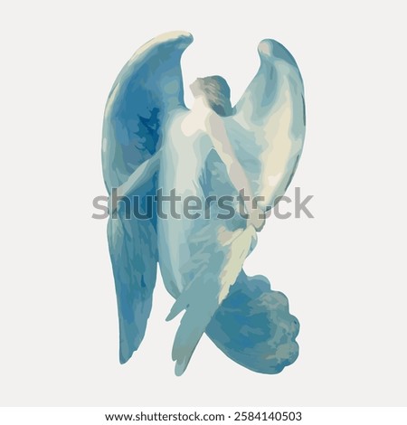 Abstract illustration of an angel with large wings. The angel, with flowing robes, is depicted in soft blue tones, exuding a serene and ethereal presence. Vintage angel illustration isolated, vector.
