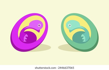Abstract illustration with animal concept, cartoon chick or duckling in an egg in purple and green colors. Perfect as a logo concept or t-shirt image.
