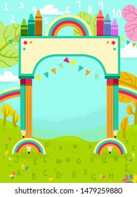 Abstract Illustration of an Arch Poster Design with Numbers, the Alphabet and Crayons