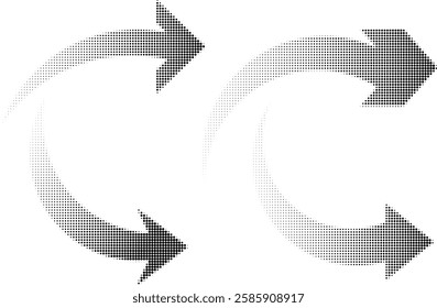 Abstract illustration of arrows created from dots, retro halftone pattern effect. Graphic element for web design, digital art, or any visual content needing a stylish and eye-catching arrow symbol.