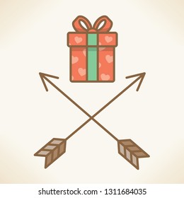 Abstract illustration of arrows and gift with hearts in form of skull and crossbones sign.  Idea - Valentines day, Love, marriage, wedding, Honeymoon, romantic relationships unusual concepts.