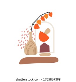 Abstrakte Illustration mit Herbstobjekten. Abstrakte Papierschnitte, Früchte und Beeren. Danksagende Grußkarten.