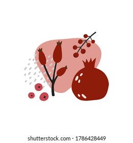 Abstract illustration with autumn objects. Abstract paper cut elements, fruits and berries. Thanksgiving greeting cards.