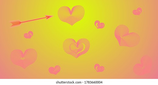 abstract illustration background, cupid's arrow flies straight to the heart, many red hearts of different sizes on a yellow-pink background