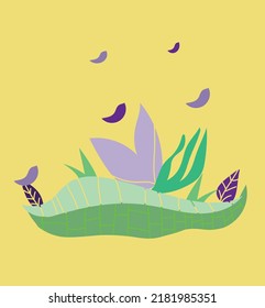 abstract illustration of an background with leaves and birds in tons of yellow, purple and green