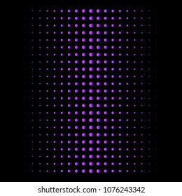 Abstract illustration background of small brightly purple gradient circles stretching in different directions on a black background.
