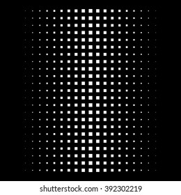 Abstract illustration background of small white squares stretching in different directions on a black background.
