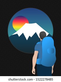 abstract illustration of a backpacker with wanderlust looking at a snowy mountain landscape . 