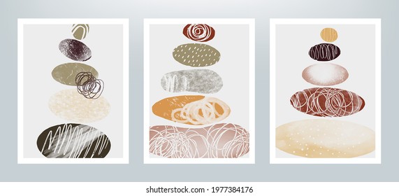 Ilustración abstracta con guijarros balanceados. Burbujas equilibradas con diferentes texturas