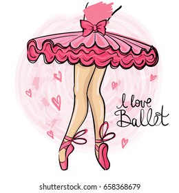 abstract illustration with ballet dancer wearing in dress pack, points with bow. i love ballet. romantic colorful girlish  poster. 