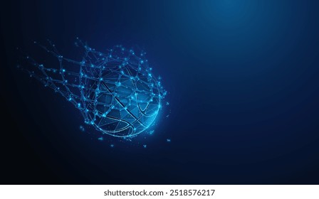 Abstract illustration of basketball ball falling into the net and score points in low poly style. Blue geometric background depicting success goal shot in basketball game concept by wireframe mesh