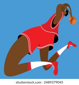 Ilustración Abstractas de jugador de baloncesto con extremidades alargadas en uniforme rojo, saltando con baloncesto sobre fondo azul, acción dinámica y atletismo. Concepto de deporte, competición, juego.