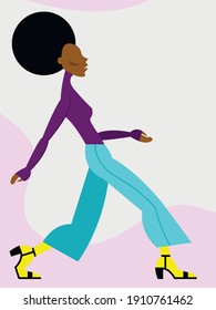 Abstract illustration - a beautiful female Afro fashion model walking down the catwalk in blue jeans and high heels. Concept - beauty and fashion.