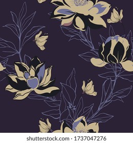 Abstract illustration of beige flowers and leaves on a violet color background. Seamless vector floral pattern. Simple square repeating design for fabric and wallpaper.