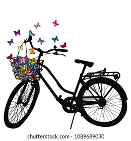 Abstract illustration of a bicycle silhouette with colored butterflies flying from its basket