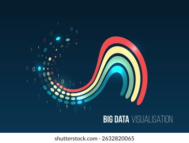Ilustração abstrata da visualização de big data, feita como uma onda de listras coloridas brilhantes. Tecnologias de processamento de informação, aprendizagem automática e inteligência artificial.