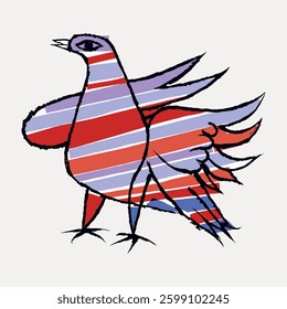 Abstract illustration of a bird with bold red, blue, and purple stripes. The bird's form is stylized with dynamic lines and a modern artistic flair. Vintage bird illustration vector.vintage illustrati