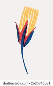 Abstract illustration of a bird of paradise flower. Bold colors and simple lines define this flower art. The flower's vibrant design adds a modern touch. Vintage art illustration vector.