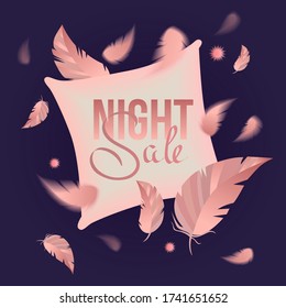 Abstract illustration of black background with pillow and flying feathers
