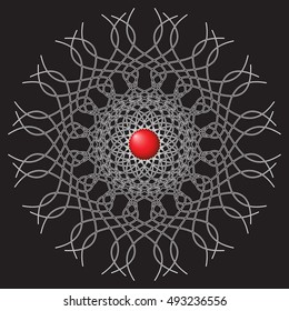 abstract illustration, black background - black with white contour lines, red ball in the middle