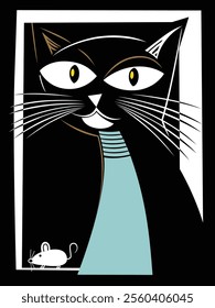 Abstract illustration of a black cat with yellow eyes and a mouse on a minimalist dark background
