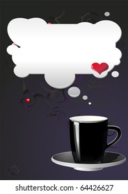 Abstract illustration of black cup on saucer, red heart and clouds on pattern. Vector