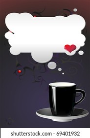 Abstract illustration of black cup on saucer, red heart and clouds on pattern. Vector