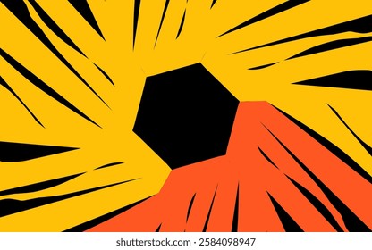Abstract illustration with black hexagon pattern, surrounded by yellow and orange colors. Modern design for graphic purposes.