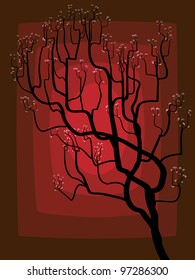 Abstract illustration of blossoming tree with small flowers and leaves on darkly red background.
