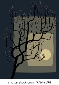 Abstract illustration of blossoming tree with small flowers and leaves against Moon.