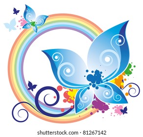 abstract illustration with blue butterfly and rainbow