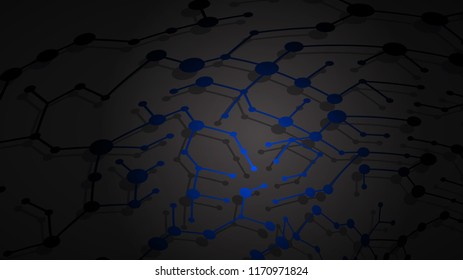 Abstract illustration of blue connecting lines and dots with shadows on black background