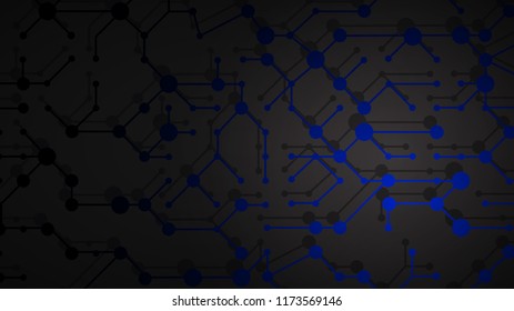 Abstract illustration of blue connecting lines and dots with shadows on black background