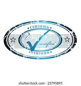 Abstract illustration with blue grunge office rubber stamp and the word certified written inside the stamp