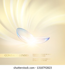 Abstract illustration of blue optical lens on soft golden backdrop. Medical equipment over gold abstract background. Vector illustration template.