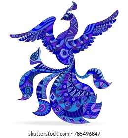 Abstract illustration with blue patterned flying peacock bird on white background , isolate