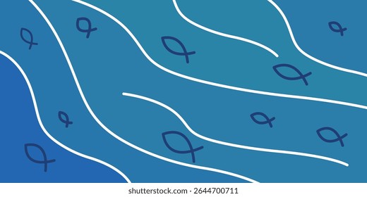 Ilustração abstrata de um rio azul com linhas brancas fluindo e formas de peixes simples, simbolizando o movimento da água e a vida aquática em um estilo minimalista.