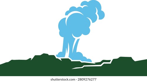 Abstract illustration of a blue steam cloud rising from a green landscape silhouette