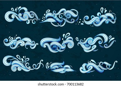 Abstract illustration of blue water. Shapes of templates decorative curly waves. 