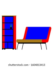 Abstract to illustration a bookcase and Bench Image. cactus in a pot. white  background