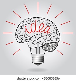 Abstract illustration with brain and light bulb - idea. Design concept for invention and innovation, creativity