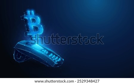 Abstract illustration of btc bitcoin cryptocurrency sign over pos paying terminal in low poly style. Blue geometric background depicting paying process on point of sale terminal concept by wireframe