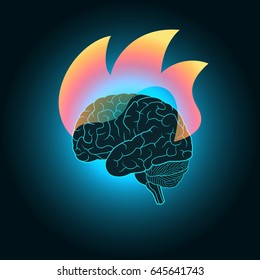 Abstract illustration of burning of the brain - the intense mental activity, discovery, inspiration, ideas; design concept for invention and innovation, creativity