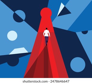 Abstract Illustration of a Businessman Walking towards a Keyhole. Business determination success and achieving goals concept vector