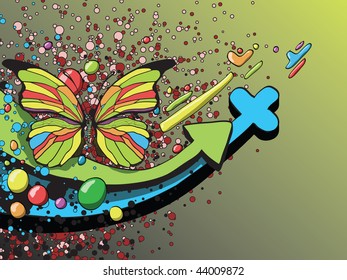 abstract illustration of a butterfly on the background of the set of colored circles and stripes
