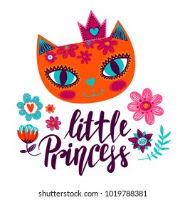 Abstract illustration with calligraphic lettering composition and cat face, crown on the head. decorative beautiful flowers, brunch, leaves, hearts. Little princess. Pussy cat smiling. 