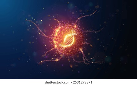 Ilustração abstrata de célula cancerosa com hélice de DNA feita de partículas de néon brilhantes. Antecedentes geométricos que descrevem o rastreio de células cancerosas, a terapia de adn e o conceito médico de engenharia genética