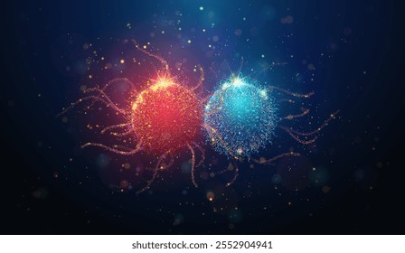 Abstract illustration of cancer cell near healthy cell made of glowing neon particles. Geometric background depicting oncology disease screening medical concept. Horizontal composition