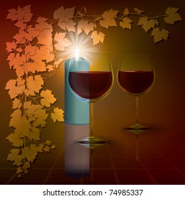 abstract illustration with candle and wineglasses on red background
