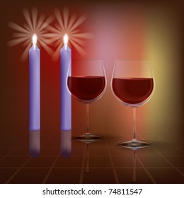 abstract illustration with candles and wineglass on dark background